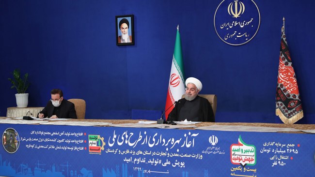 حسن روحانی رئیس‌جمهور در سومین روز از هفته دولت به افتتاح سه طرح در حوزه صنعت و معدن پرداخت. او در این مراسم، تداوم راه تولید در شرایط سخت شیوع کرونا را مورد تقدیر قرار داد و بر حفظ جان افراد در کنار نان به عنوان مدل مواجهه تولید با کرونا تاکید کرد.